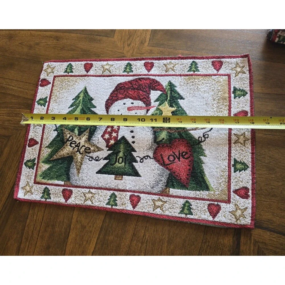 Christmas Snowman Tapestry Placemats Set of 4 Peace Joy Love Holiday Table Decor